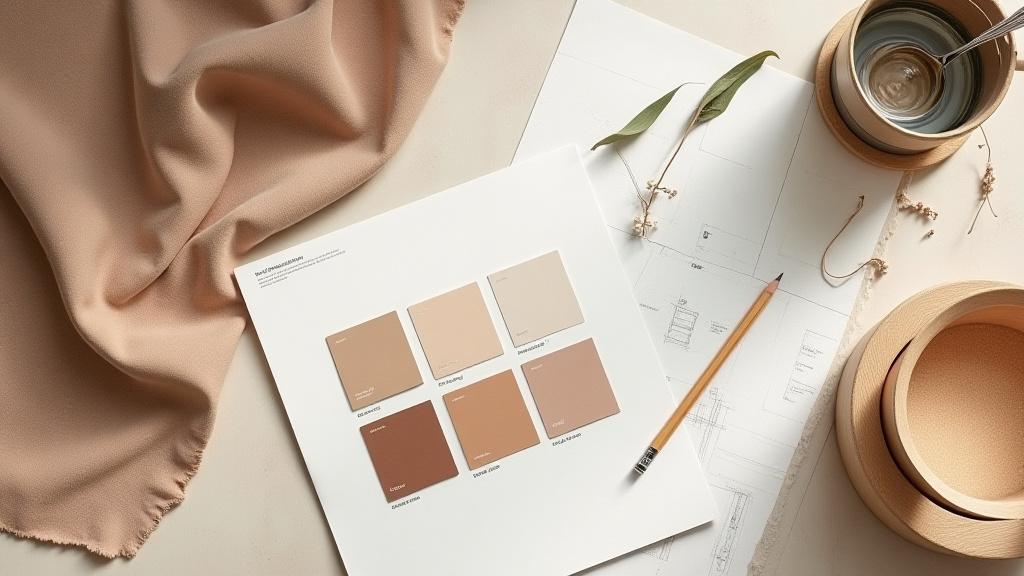 Elegant designer mood board with fabric swatches, color palettes, and architectural sketches